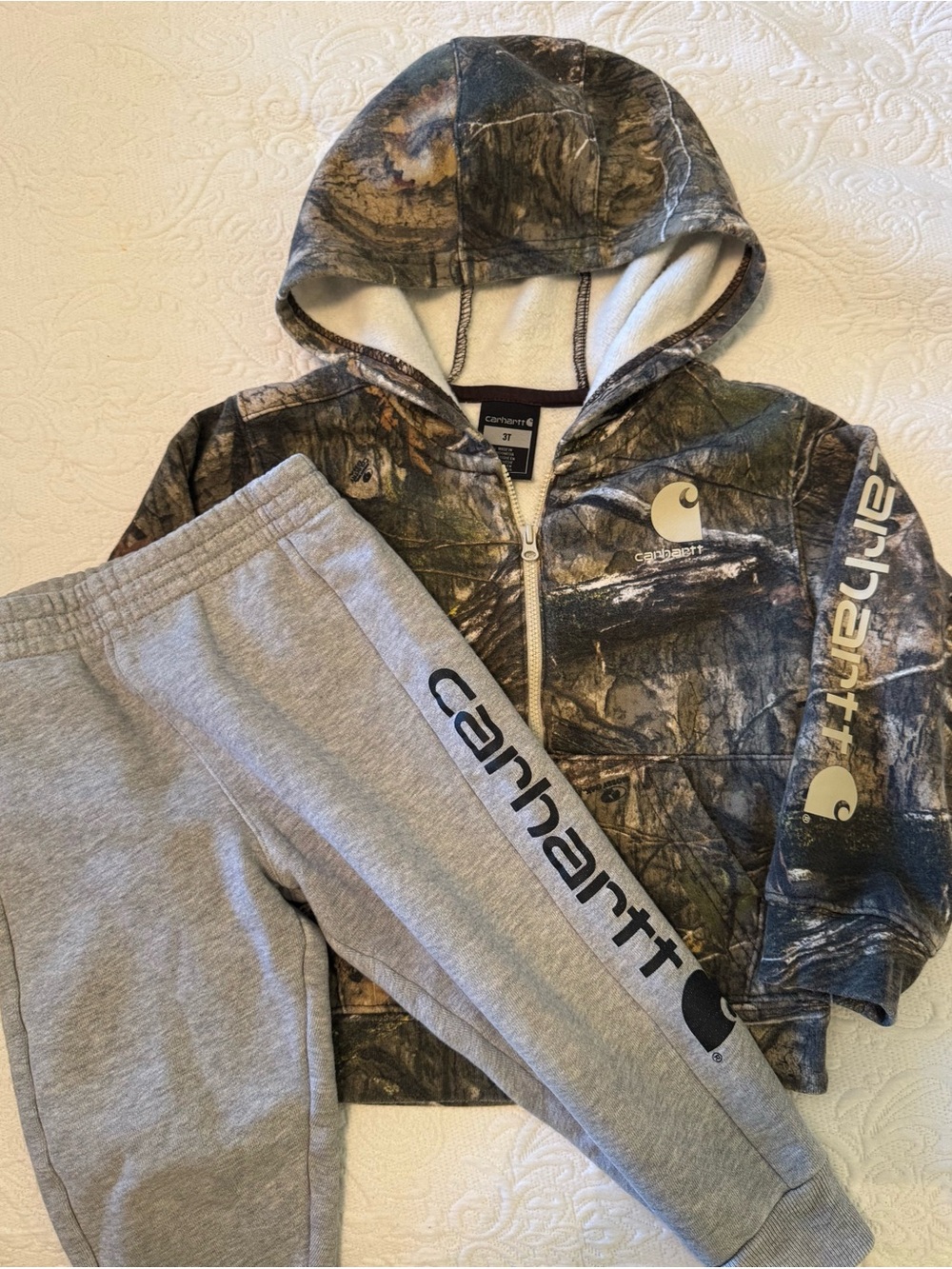 Carhartt Kids' Camo Hooded 1/4 zip Jacket and Gray Joggers 3T